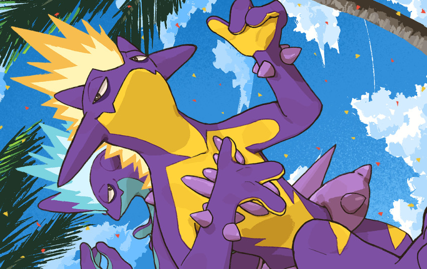 bright_pupils brown_eyes closed_mouth cloud commentary_request day fang gen_8_pokemon mashiro_ka nintendo outdoors palm_tree pokemon pokemon_(creature) skin_fang sky toxtricity toxtricity_(amped) toxtricity_(low_key) tree white_pupils