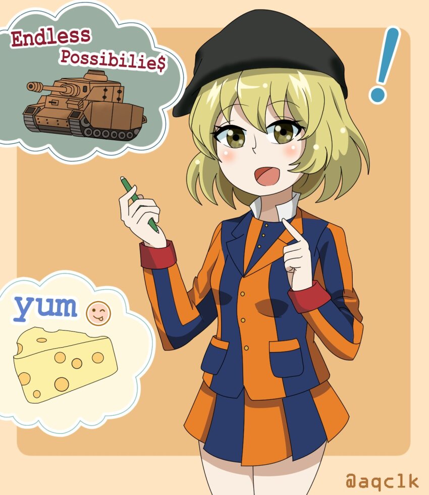 aqclk beret black_hat blonde_hair cheese collared_shirt cyuuritsu_school_uniform food girls_und_panzer hat highres holding holding_pen jacket military_vehicle motor_vehicle orange_background panzer_iv pen pointing pointing_up red_sleeve_cuffs school_uniform senju_(girls_und_panzer) shirt short_hair signature skirt smile striped_clothes striped_jacket striped_shirt striped_skirt tank vertical-striped_clothes vertical-striped_jacket vertical-striped_shirt vertical-striped_skirt white_shirt yellow_eyes