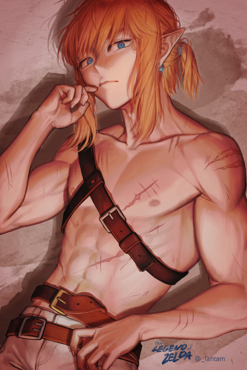 1boy artist_name belt blonde_hair collarbone copyright_name earrings hand_up highres jewelry lantam link long_hair looking_at_viewer male_focus nintendo parted_lips pointy_ears scar scar_on_stomach sidelocks solo standing the_legend_of_zelda the_legend_of_zelda:_breath_of_the_wild toned toned_male upper_body