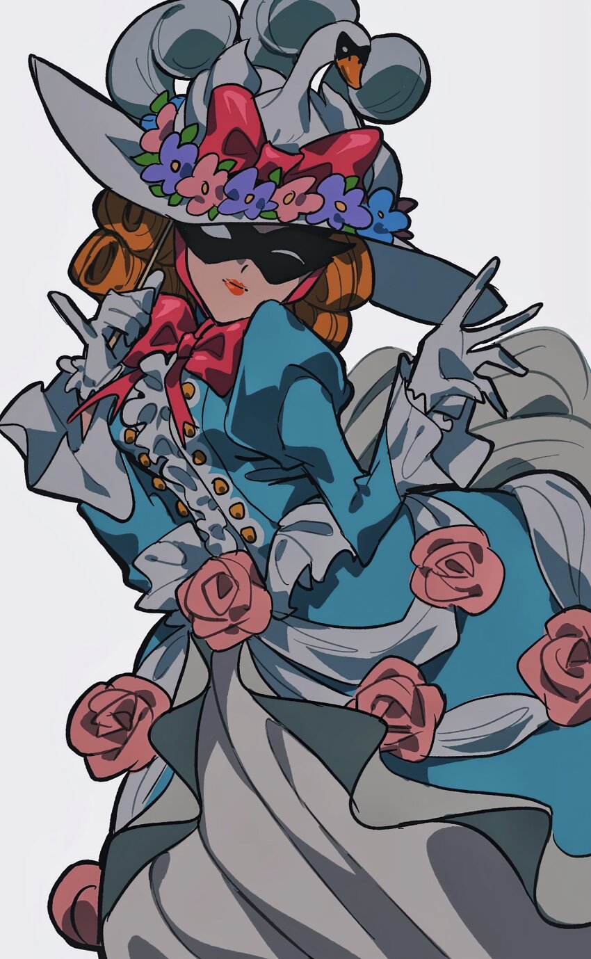 1girl absurdres ace_attorney animal_hat bird blue_dress bow center_frills commentary dress flower frilled_gloves frills gloves gown grgrton hands_up hat hat_flower highres holding holding_mask jezaille_brett juliet_sleeves long_dress long_sleeves looking_at_viewer mask masquerade_mask pink_bow pink_flower pink_rose puffy_sleeves red_lips rose short_hair simple_background smile solo swan symbol-only_commentary the_great_ace_attorney victorian white_gloves white_hat