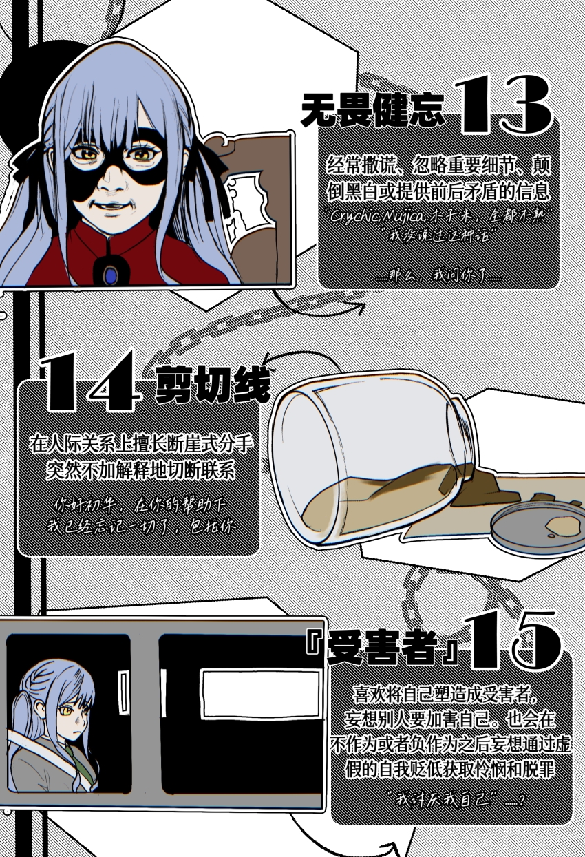 1girl :i absurdres arrow_(symbol) bang_dream! bang_dream!_it&#039;s_mygo!!!!! black_mask black_ribbon blue_brooch blue_hair braid car_interior chinese_commentary chinese_text closed_mouth collared_shirt commentary_request eye_mask green_necktie grey_jacket hair_ribbon haneoka_school_uniform highres jacket jar lid long_eyelashes long_hair looking_at_viewer masked matojenmaasta necktie nose numbered outline parted_lips realistic red_shirt ribbon scene_reference school_uniform shirt simple_background simplified_chinese_text sitting spoilers swept_bangs teeth text_focus through_window togawa_sakiko translation_request two_side_up white_outline wing_collar yellow_eyes