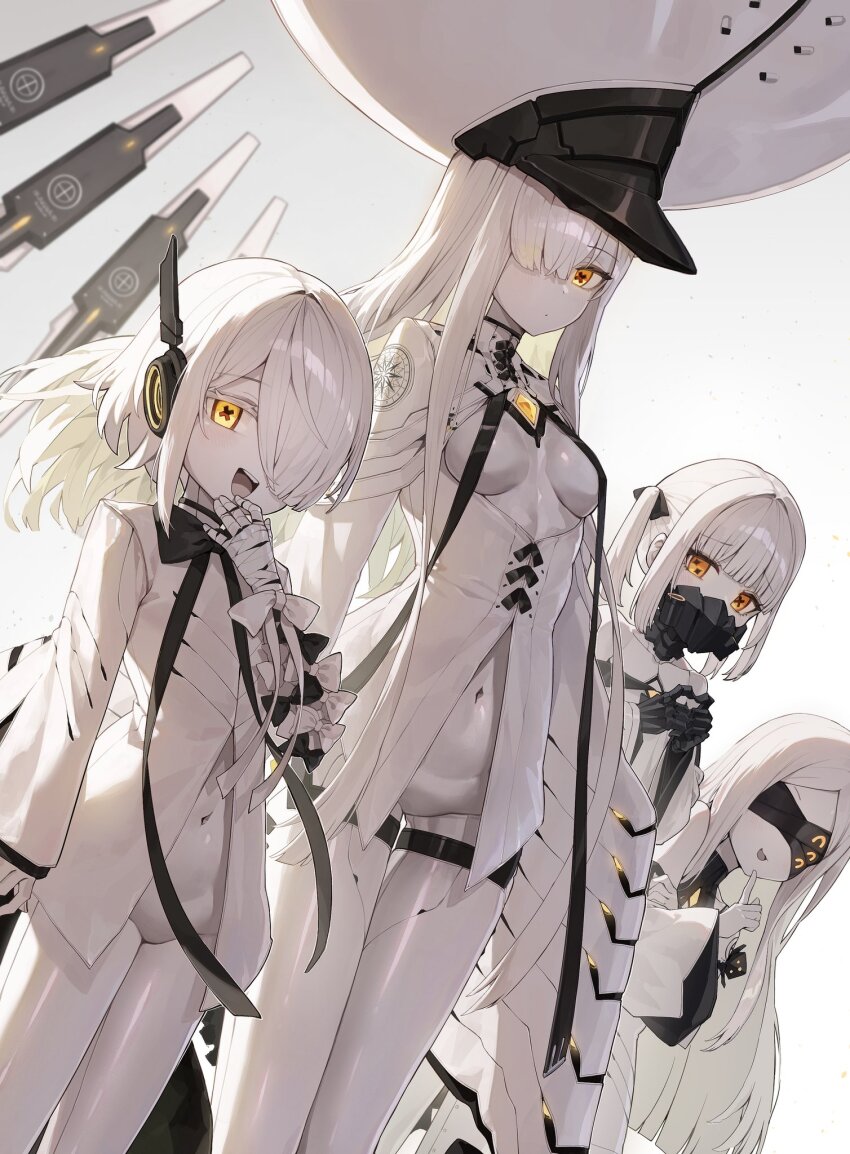 4girls bandaged_hand bandages black_bow black_bowtie black_mask blindfold blue_archive bow bowtie breasts colored_skin covered_eyes covered_mouth dress ein_(blue_archive) floating floating_object floating_weapon hair_over_one_eye hand_on_own_face hand_up hands_up hat headphones highres jacket kokukyukeo large_hat long_hair long_sleeves looking_at_viewer malkuth_(blue_archive) mask mecha mechanical_arms mechanical_hands medium_hair multiple_girls navel ohr_(blue_archive) open_mouth orange_eyes pants robot shirt short_hair simple_background small_breasts smile sof_(blue_archive) standing symbol-shaped_pupils thighs twintails white_background white_dress white_hair white_shirt white_skin wide_sleeves x-shaped_pupils yellow_eyes