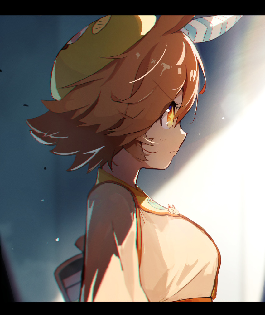 +_+ 1girl absurdres alternate_costume animal_ears bag beret breasts commentary_request hair_between_eyes hat highres horse_ears looking_to_the_side matikanefukukitaru_(good_omen_first_storm)_(umamusume) matikanefukukitaru_(umamusume) medium_breasts medium_hair no_842 orange_hair portrait serious shadow solo umamusume yellow_hat