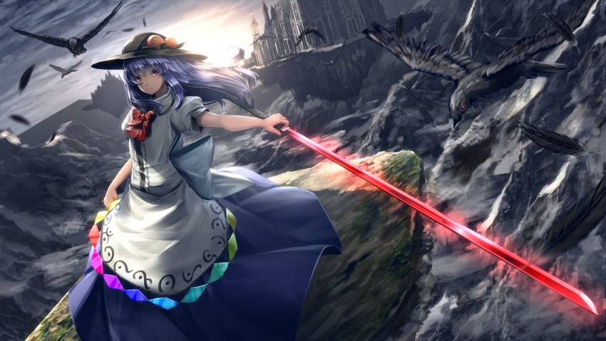 1girl animal bird black_feathers black_hat blue_hair castle crow feathers food fruit glowing glowing_weapon hat highres hinanawi_tenshi holding holding_sword holding_weapon kaname-ishi long_hair looking_at_viewer peach puffy_short_sleeves puffy_sleeves raven red_eyes ryosios short_sleeves sword sword_of_hisou touhou twilight very_long_hair weapon