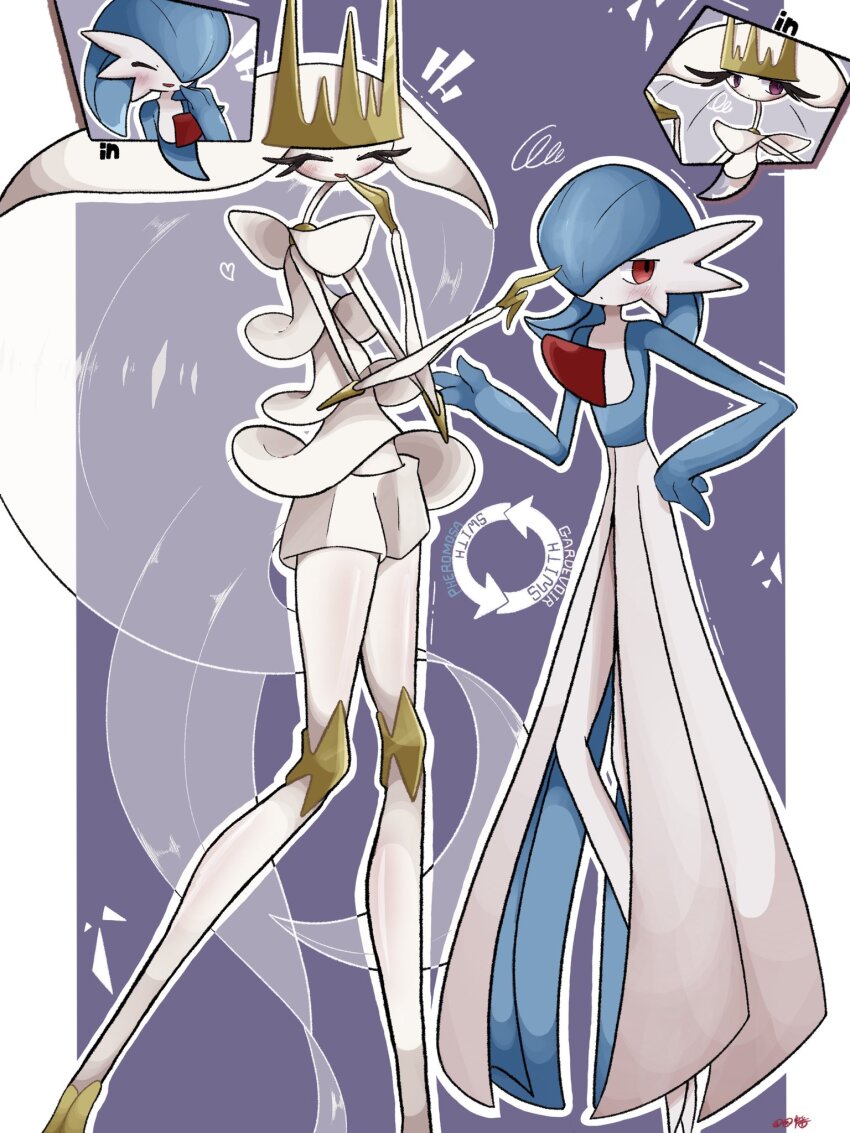 alternate_color blue_hair blue_skin blush bob_cut closed_eyes colored_skin dress gardevoir gen_3_pokemon gen_7_pokemon hand_on_own_hip highres inb795 multicolored_skin nintendo orange_eyes personality_switch pheromosa pokemon pokemon_(creature) purple_background shiny_pokemon smile two-tone_skin ultra_beast white_dress white_skin