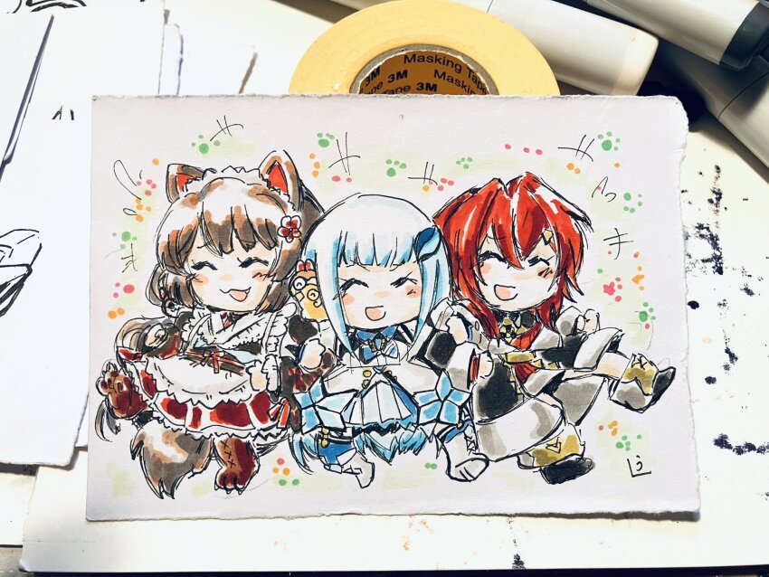 +++ 3girls :d ^_^ ange_katrina ange_katrina_(1st_costume) animal_ears apron black_boots black_coat black_kimono black_sash blue_neckerchief blue_thighhighs blush_stickers boots brown_boots brown_hair brown_tail cardigan clawed_boots closed_eyes coat commentary_request deformed dog_ears dog_girl dog_tail fang flower foot_up frilled_apron frilled_skirt frills full_body group_picture hair_between_eyes hair_flower hair_ornament highres inui_toko inui_toko_(1st_costume) japanese_clothes kimono kingguyver lize_helesta lize_helesta_(1st_costume) locked_arms long_hair long_skirt long_sleeves maid_headdress masking_tape medium_hair miniskirt multiple_girls neckerchief nijisanji obi obijime off_shoulder open_mouth photo_(medium) pleated_skirt red_cardigan red_hair red_skirt sanbaka_(nijisanji) sash sebastian_piyodore shirt side-by-side sidelocks sketch skirt smile tail tail_under_clothes thighhighs traditional_media very_long_hair virtual_youtuber waist_apron white_apron white_boots white_hair white_headdress white_shirt white_skirt