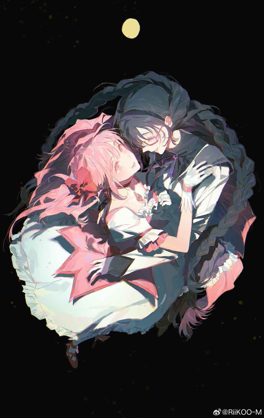 2girls absurdres akemi_homura akemi_homura_(magical_girl) black_background black_capelet black_footwear black_hair black_hairband boots bow bow_choker braid capelet center_frills chest_jewel chinese_commentary choker circle_skirt closed_eyes collarbone collared_capelet colored_eyelashes commentary_request cross-laced_footwear dress floating_clothes floating_hair footwear_bow frilled_dress frilled_skirt frilled_sleeves frills full_body gibbous_moon glasses gloves hair_bow hair_down hairband hand_on_another&#039;s_shoulder happy high_heels highres hug kaname_madoka kaname_madoka_(magical_girl) light_particles lips long_hair looking_at_another low_twin_braids lower_teeth_only magical_girl mahou_shoujo_madoka_magica mahou_shoujo_madoka_magica_(anime) miniskirt moon multiple_girls neck_ribbon open_mouth parted_lips pink_dress pink_eyes pink_gemstone pink_hair pink_lips pleated_skirt puffy_short_sleeves puffy_sleeves pumps purple_capelet purple_ribbon purple_skirt red-framed_eyewear red_bow red_choker red_footwear ribbon riko-m short_dress short_sleeves skirt skirt_under_dress smile socks teeth thick_eyebrows thigh_boots twin_braids two-tone_capelet very_long_hair watermark weibo_watermark white_dress white_gloves white_skirt white_sleeves white_socks yuri
