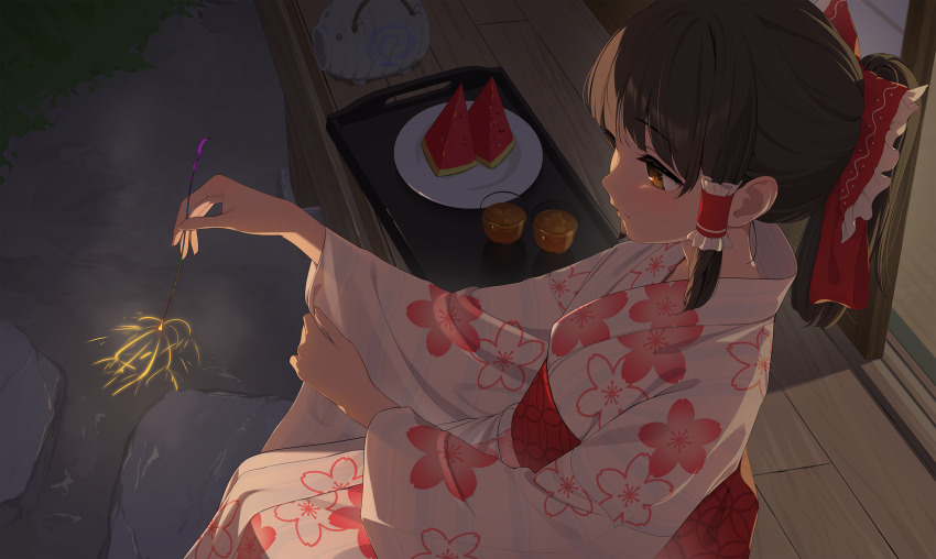 1girl bow brown_eyes brown_hair closed_mouth cup fireworks floral_print food fruit hair_bow hair_tubes hakurei_reimu highres holding holding_fireworks japanese_clothes kanpa_(campagne_9) kimono long_sleeves mosquito_coil obi print_kimono red_bow sash short_hair sidelocks sitting solo touhou watermelon white_kimono wide_sleeves