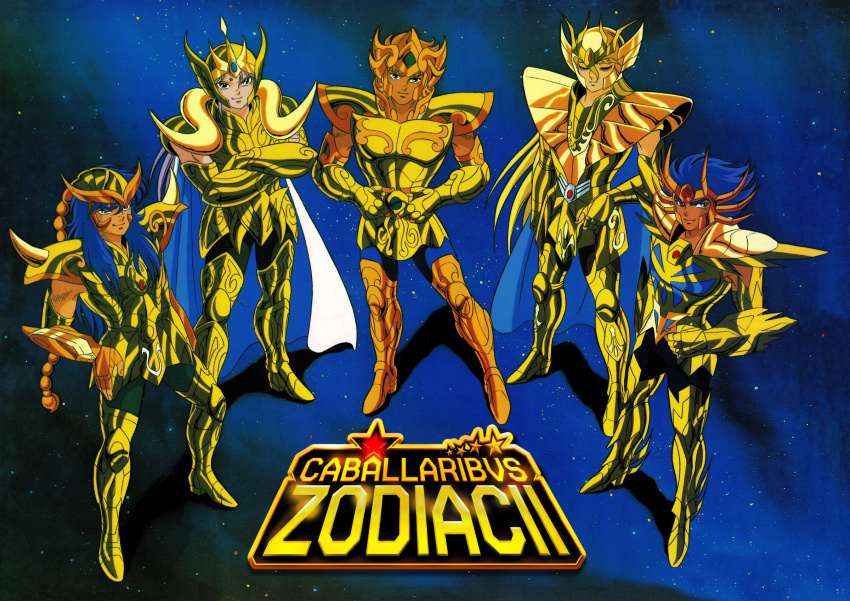 1980s_(style) 5boys araki_shingo aries_muu armor blonde_hair blue_hair brown_hair cancer_death_mask cancer_deathmask golden_armor highres latin_text leo_aiolia long_hair multiple_boys oldschool retro_artstyle saint_seiya scorpio_milo shonen very_long_hair virgo_shaka