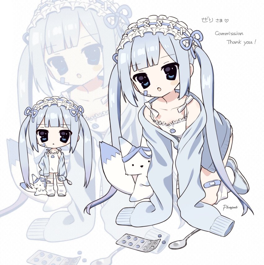 1girl 2000s_(style) :o all_fours bandaid blue_eyes blue_hair bow cardigan chibi commentary commission dress fox hairband hashtag-only_commentary highres jitome lolita_hairband long_hair open_cardigan open_clothes original pale_skin pluspod shoes skeb_commission twintails white_dress