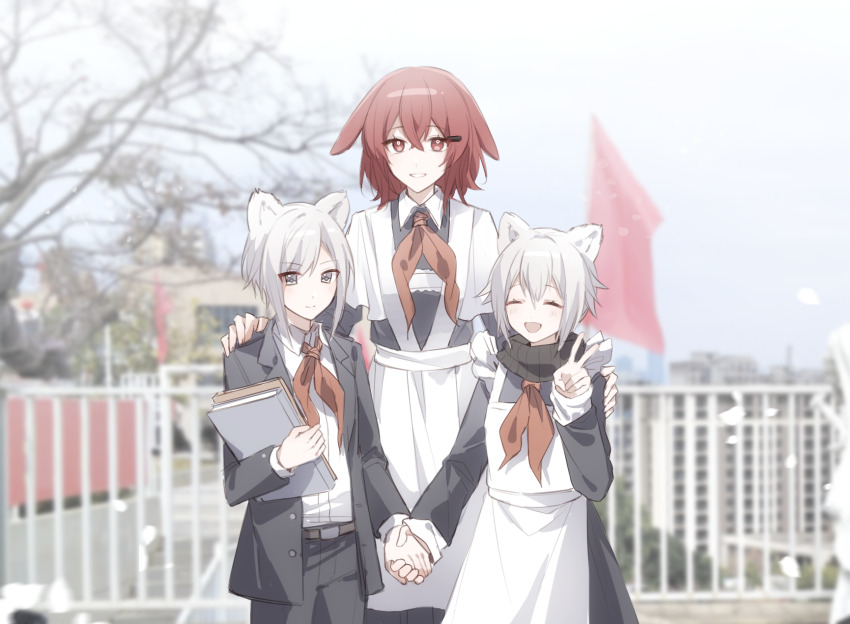 1boy 2girls ^_^ age_difference animal_ears apron arknights bear_ears blurry blurry_background blush book brother_and_sister chinese_commentary closed_eyes collared_shirt commentary_request cowboy_shot crownslayer_(arknights) eyes_visible_through_hair frilled_apron frills grey_eyes grey_hair hair_between_eyes hair_ornament hairclip hand_on_another&#039;s_shoulder hand_up highres holding holding_book holding_hands hyena_ears jacket long_sleeves looking_at_viewer misha_(arknights) multiple_girls neckerchief outdoors photo_background red_hair red_neckerchief school_uniform shadow71580825 shirt short_hair siblings sidelocks skullshatterer_(arknights) smile soviet_school_uniform standing suit_jacket turtleneck tuxedo v white_apron