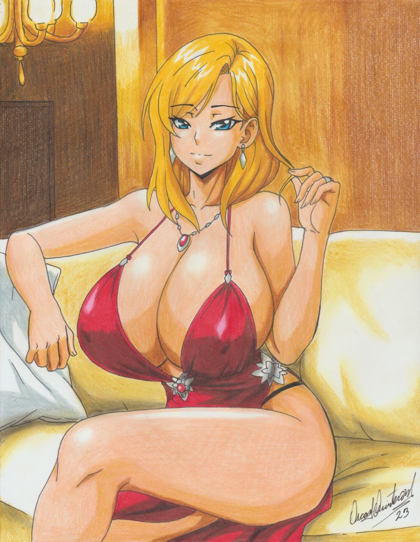 1girl 2023 absurdres artist_name bare_arms bare_legs bare_shoulders blonde_hair blue_eyes breasts chandelier cleavage couch dress earrings female_focus highres holding holding_own_hair huge_breasts indoors jewelry knees kristin_rossi_(ravernclouk_design) long_hair mature_female midriff_peek necklace original parted_lips pillow ravernclouk_design red_dress revealing_clothes ring sitting sleeveless smile solo traditional_media underwear_peek wedding_ring