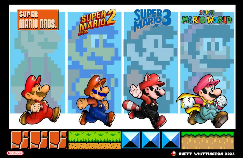 1boy animal_ears arms_up black_hair blue_eyes blue_hair brown_hair cape cape_mario facial_hair gloves hat mario mario_(series) mustache nintendo overalls power-up raccoon_ears raccoon_mario raccoon_tail running super_mario_bros._1 super_mario_bros._2 super_mario_bros._3 super_mario_world tail