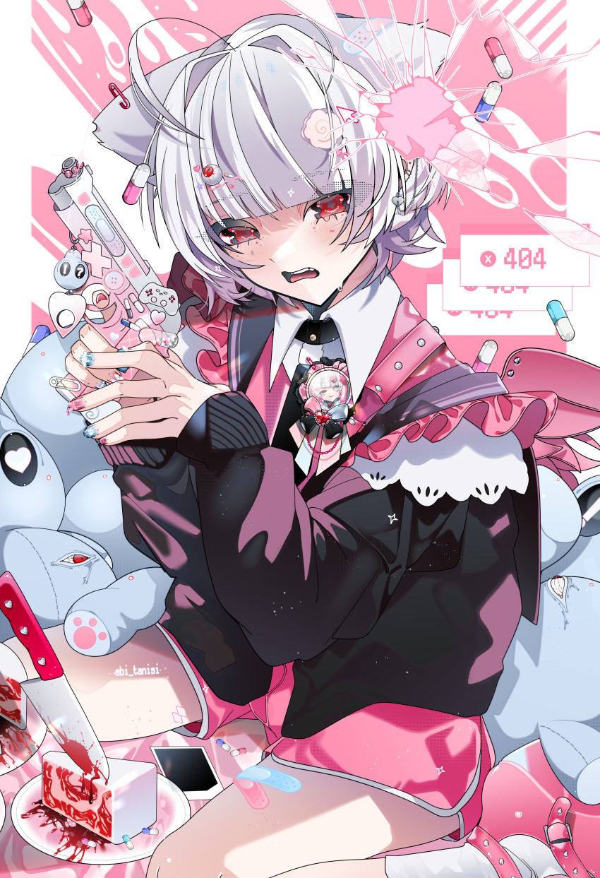 1boy absurdres ahoge black_choker blood blood_splatter bloody_knife blue_nails blunt_bangs cake cake_slice charm_(object) choker collared_shirt cracked_screen crying crying_with_eyes_open cute_weapon earrings error_message food frills gun hair_intakes highres holding holding_gun holding_weapon jewelry knife light_particles male_focus melting_eyes nail_art nail_polish open_mouth original pill pink_nails pink_shorts pink_theme red_eyes shiozaki_ise shirt short_hair shorts sitting solo stuffed_animal stuffed_toy tears teddy_bear trap weapon white_hair yami_kawaii