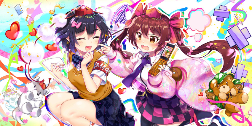 2girls :d ^_^ alternate_costume armband beamed_eighth_notes black_bow black_bowtie black_hair black_skirt black_thighhighs blush bow bow_print bowtie brown_eyes brown_hair calligraphy_brush cellphone charm_(object) checkered_clothes checkered_skirt closed_eyes collared_shirt commentary double-parted_bangs eighth_note english_commentary flip_phone food_print fruit_print game_cg green_hat hair_between_eyes hair_bow hand_on_own_chin hat heart heart_in_mouth highres himekaidou_hatate holding holding_letter holding_phone jacket kneehighs letter long_hair long_sleeves multiple_girls musical_note necktie official_art open_mouth paintbrush phone pink_bow pink_jacket pink_nails plaid_bow plaid_bowtie plaid_clothes plaid_skirt pointy_ears pom_pom_(clothes) puffy_long_sleeves puffy_sleeves purple_bow purple_hat purple_necktie purple_skirt red_hat rotte_(1109) shameimaru_aya shirt short_hair short_sleeves single_polished_nail skirt smile socks sparkle sparkling_aura squiggle star_(symbol) star_print strawberry_print stuffed_animal stuffed_toy stuffed_wolf sweater_vest teddy_bear thighhighs third-party_source tokin_hat touhou touhou_lostword twintails v-shaped_eyebrows white_shirt white_socks yellow_sweater_vest