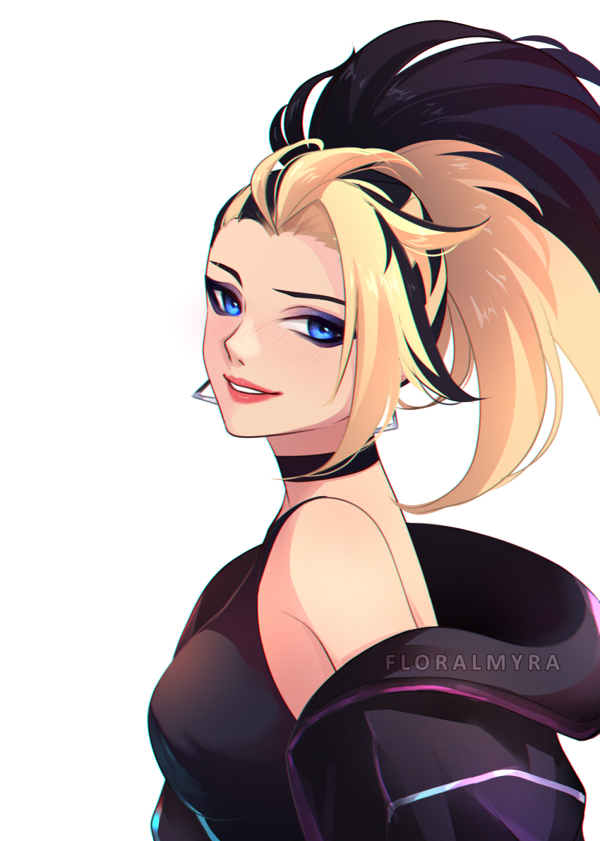 1girl akali bare_shoulders black_choker black_hair black_jacket black_shirt blonde_hair blue_eyes choker earrings from_side highres hood hood_down hooded_jacket jacket jewelry k/da_(league_of_legends) k/da_akali league_of_legends myra_(floralmyra) off_shoulder ponytail semli shirt simple_background solo teeth triangle_earrings white_background
