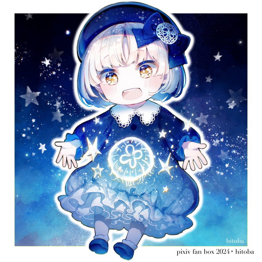 1girl absurdres artist_name artoria_(hitoba) blonde_hair blue_background blue_bow blue_dress blue_footwear blue_hat blue_theme border bow chibi chibi_only dress frilled_dress frilled_socks frills full_body gradient_clothes gradient_dress hair_bow hat highres hitoba jellyfish lace_collar lace_trim long_sleeves open_mouth original outline outside_border outstretched_arms puffy_sleeves short_hair socks solo spread_arms star_(symbol) starry_sky_print teeth upper_teeth_only white_border white_socks yellow_eyes