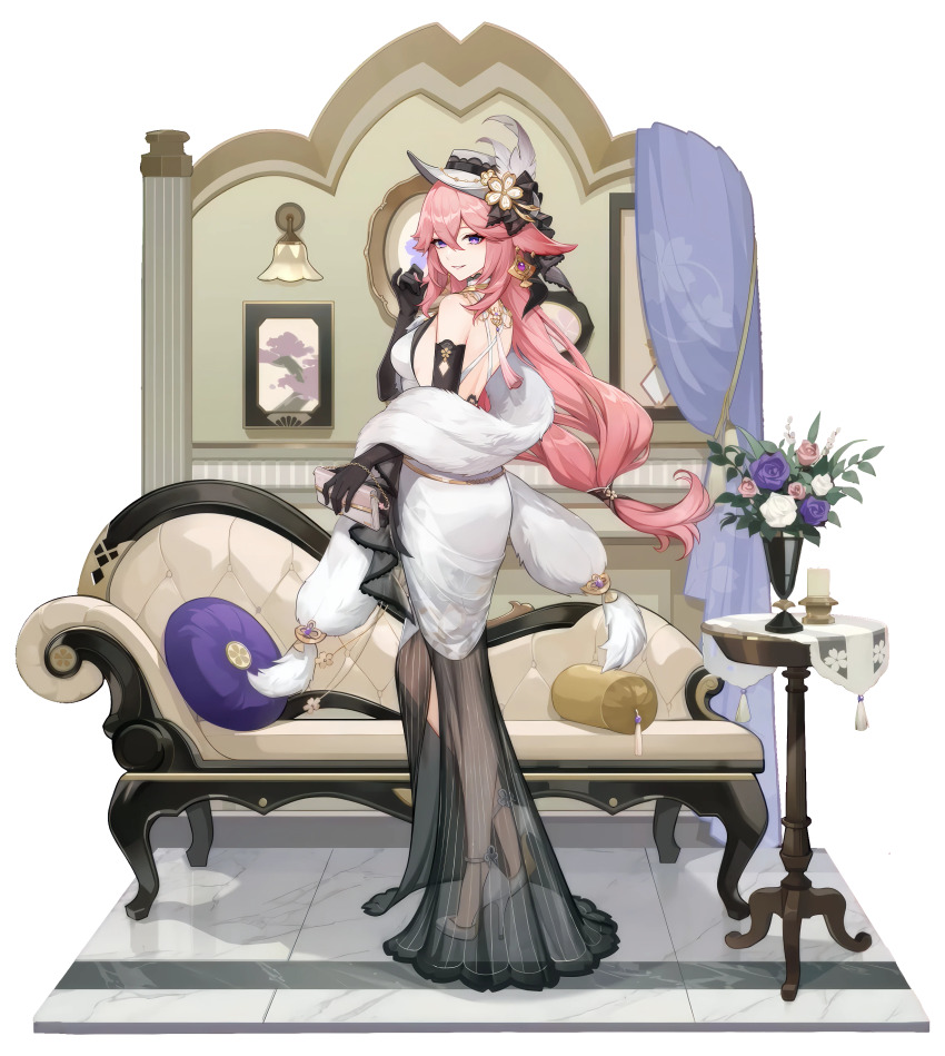 1girl absurdres animal_ears backless_dress backless_outfit bag bare_shoulders black_gloves dress elbow_gloves feather_boa flower fox_ears full_body genshin_impact gloves hair_between_eyes handbag hat hat_feather hat_flower high_heels highres holding holding_bag holding_wallet long_hair official_art pink_hair purple_eyes shoes smile solo standing third-party_source wallet white_dress white_hat white_shoes yae_miko yae_miko_(resplendent_feast)