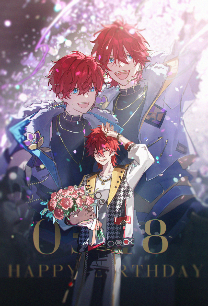 2boys absurdres amagi_hiiro amagi_rinne aqua_eyes arm_up black_shirt bouquet closed_eyes ensemble_stars! flower hand_on_own_head happy_birthday highres holding holding_bouquet houndstooth jacket male_focus microphone migan multiple_boys multiple_views official_alternate_costume open_mouth red_hair shirt siblings smile sweatdrop tears teeth upper_teeth_only white_jacket