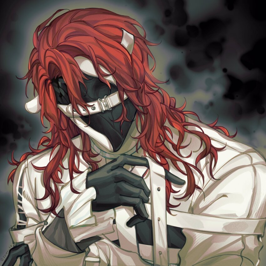 1boy aleph_(reverse:1999) black_background black_gloves black_mask covered_face cracked_mask gloves hand_up highres long_hair male_focus red_hair reverse:1999 shirt solo twitter_username upper_body white_shirt zeven_tt