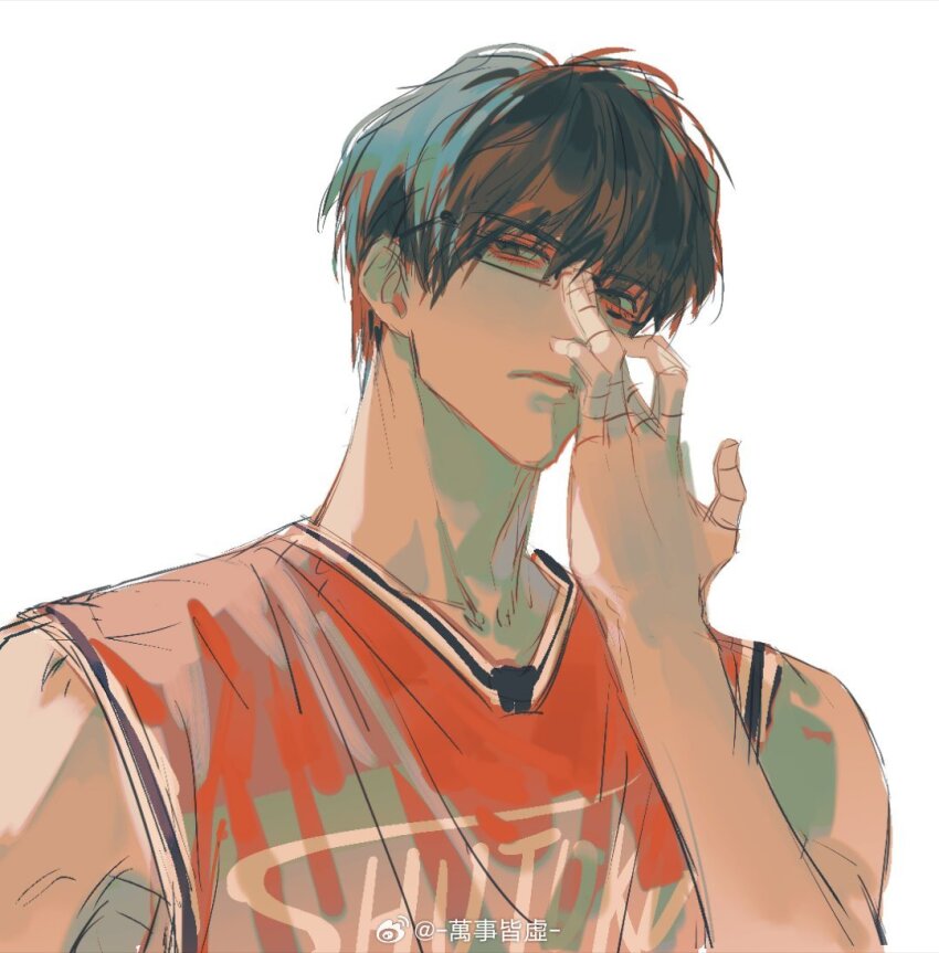1boy adjusting_eyewear bandaged_fingers bandages bare_arms bare_shoulders black-framed_eyewear black_hair brown_eyes character_request check_character chinese_commentary closed_mouth commentary_request frown glasses haikyuu!! kogure_kiminobu looking_at_viewer male_focus red_shirt shirt short_hair simple_background sleeveless sleeveless_shirt solo sportswear toned toned_male upper_body volleyball_uniform wanshi_jie_xu watermark weibo_watermark weibo_watermark white_background