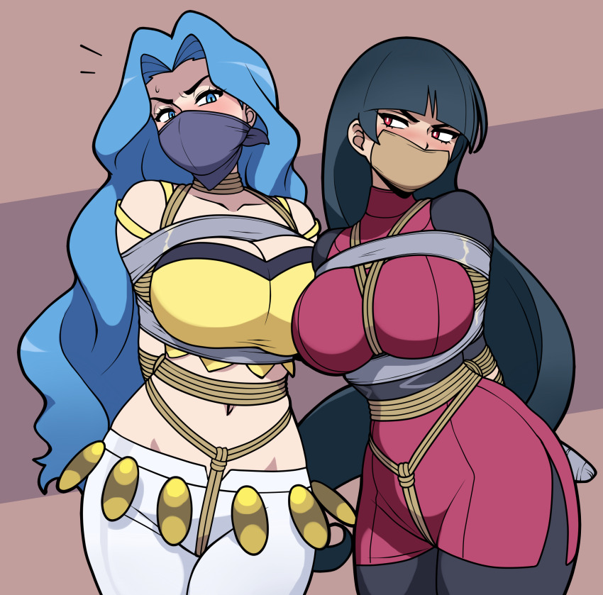 2girls bdsm blue_eyes blue_hair blunt_bangs bondage bound breasts cloth_gag gag gagged highres improvised_gag jam-orbital karen_(pokemon) long_hair multiple_girls nintendo over_the_nose_gag pokemon pokemon_hgss pokemon_lgpe red_eyes sabrina_(pokemon) shibari tape tape_gag wavy_hair