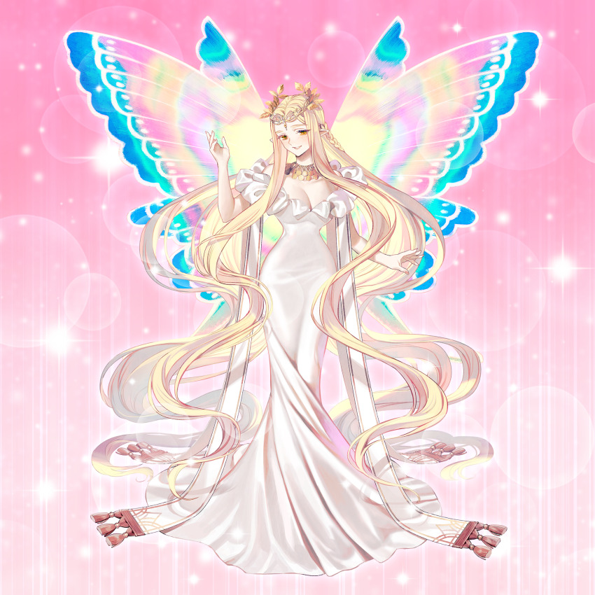 1girl absurdly_long_hair aurora_(fate) bare_shoulders blonde_hair blush breasts butterfly_wings circlet cleavage dress fairy fairy_wings fate/grand_order fate_(series) full_body game_cg hand_up head_wreath highres insect_wings jewelry large_breasts long_dress long_hair looking_at_viewer mermaid_dress multiple_wings necklace off-shoulder_dress off_shoulder official_art parted_bangs pointy_ears smile solo standing taa_(acid) tassel third-party_source very_long_hair white_dress wings yellow_eyes
