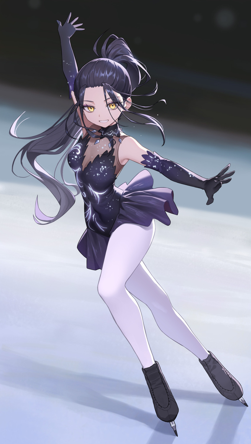 1girl absurdres black_dress black_gloves black_hair breasts cleavage dress elbow_gloves figure_skating figure_skating_dress full_body gloves grin highres ice ice_skates ice_skating kamisaki_hikaru long_hair looking_at_viewer medalist_(manga) pantyhose ponytail see-through_cleavage see-through_clothes shadow skates skating small_breasts smile white_pantyhose wind xzu yellow_eyes