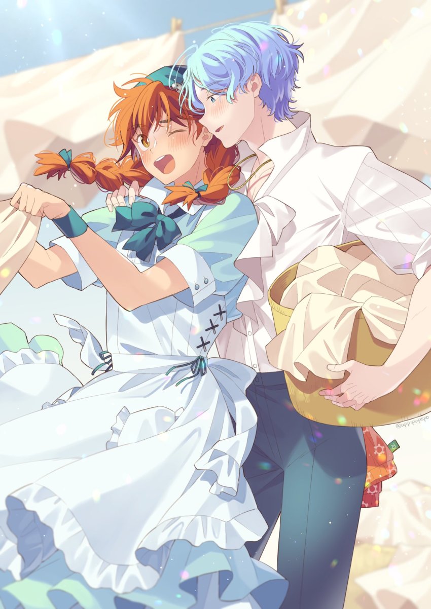 2boys blue_bow blue_bowtie blue_eyes blue_hair blue_pants blush bow bowtie bucket dress genderswap genderswap_(mtf) hasegawa_langa highres kyan_reki maid male_focus multiple_boys one_eye_closed open_mouth orange_eyes pants red_hair shirt short_hair sk8_the_infinity skirt smile uppi white_shirt