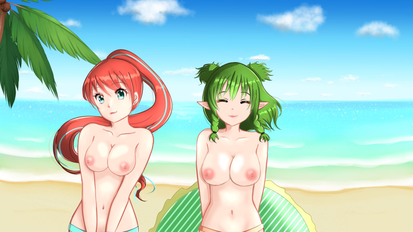 2girls beach blue_eyes breasts daeriselda eldi_nya green_hair highres large_breasts looking_at_viewer medium_breasts multiple_girls myo nipples nude ocean red_hair sky smile third-party_edit twitch