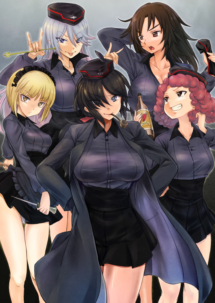 5girls absurdres black_hair blonde_hair blue_eyes blue_hair blush breasts brown_eyes cleavage closed_mouth collarbone cutlass_(girls_und_panzer) flint_(girls_und_panzer) fox_shadow_puppet girls_und_panzer grin hair_ribbon hands_on_own_hips hat highres kuromorimine_school_uniform large_breasts long_hair looking_at_another looking_at_viewer maid_headdress military_hat miniskirt multiple_girls murakami_(girls_und_panzer) nabeyu ogin_(girls_und_panzer) open_mouth red_hair ribbon rum_(girls_und_panzer) school_uniform short_hair skirt small_breasts smile smoking_pipe tongue tongue_out yellow_eyes