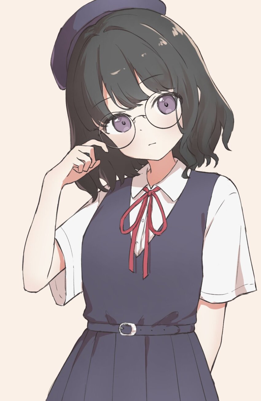 1girl :| arm_behind_back bare_arms belt beret black-framed_eyewear black_dress black_hair buttons cino_(amairoka) closed_mouth collared_shirt commentary_request cowboy_shot dress expressionless glasses hand_up hat highres light_blush looking_at_viewer medium_hair neck_ribbon original pinafore_dress purple_eyes red_ribbon ribbon school_uniform shirt short_sleeves simple_background sleeveless sleeveless_dress solo wavy_hair white_background white_shirt