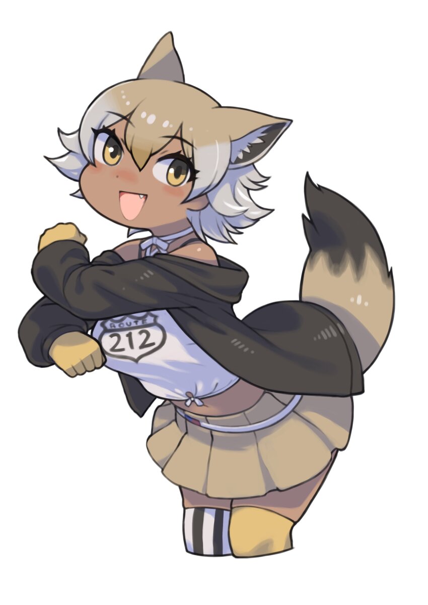 1girl absurdres animal_ears asymmetrical_legwear belt black_jacket black_thighhighs blonde_hair bow bowtie brown_hair brown_skirt choker cowboy_shot coyote_(kemono_friends) dancing dark-skinned_female dark_skin extra_ears fang gloves hair_between_eyes highres jacket kemono_friends long_sleeves midriff multicolored_hair navel open_clothes open_jacket open_mouth pleated_skirt rinx shirt sidelocks skirt smile solo spaghetti_strap striped_clothes striped_thighhighs tail thighhighs two-tone_thighhighs vertical-striped_clothes vertical-striped_thighhighs white_belt white_bow white_bowtie white_choker white_hair white_shirt white_thighhighs wolf_ears wolf_girl wolf_tail yellow_eyes yellow_gloves yellow_thighhighs zettai_ryouiki