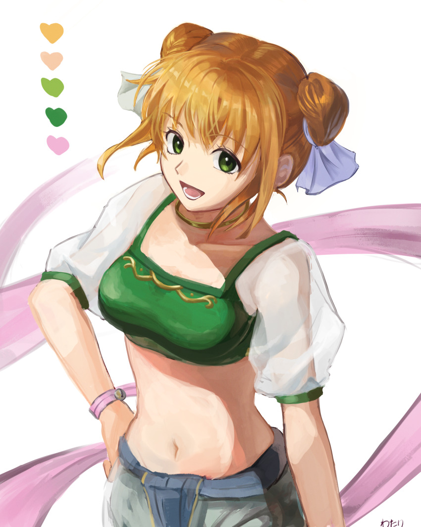 1girl :d absurdres breasts crop_top double_bun fire_emblem fire_emblem:_the_binding_blade green_eyes hair_bun highres hmk_3373 larum_(fire_emblem) looking_at_viewer lower_teeth_only medium_breasts midriff navel nintendo open_mouth orange_hair puffy_short_sleeves puffy_sleeves see-through_clothes see-through_sleeves short_hair short_sleeves smile solo teeth white_background