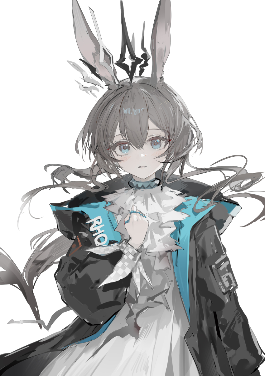1girl absurdres amiya_(arknights) animal_ears aqua_choker aqua_eyes aqua_hoodie arknights black_crown black_hoodie brown_hair choker collar commentary crown dress hair_between_eyes highres hood hoodie jewelry light_blush long_hair long_sleeves looking_at_viewer luozhou_pile multiple_rings open_mouth ring simple_background solo upper_body white_background white_collar white_crown white_dress