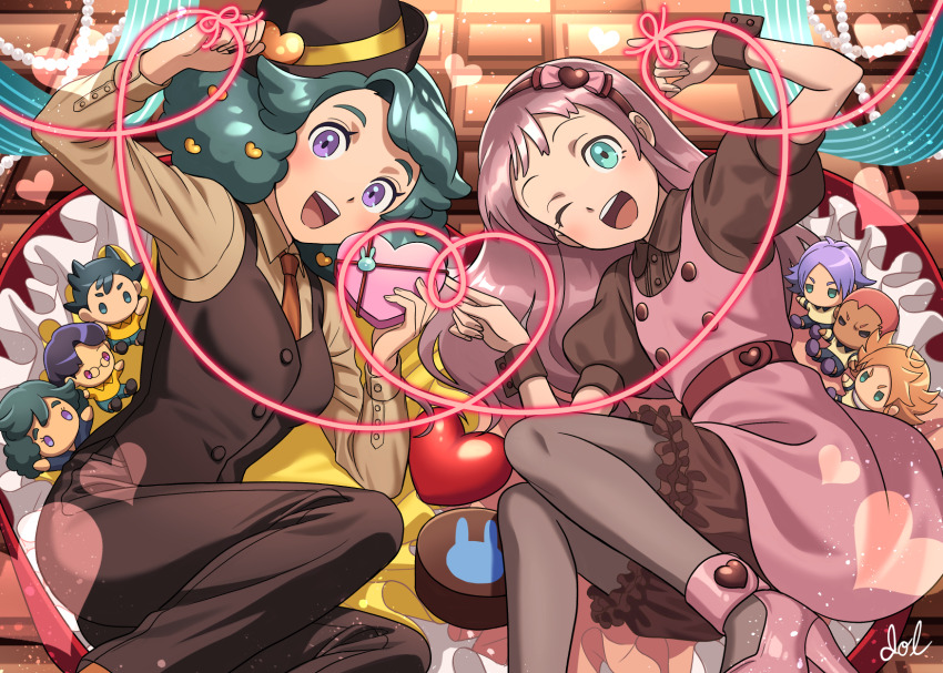 2girls aqua_eyes box brown_hat brown_overalls character_doll dolustoy dress fubuki_atsuya fubuki_shirou green_hair hat heart heart-shaped_box highres inamori_asuto inazuma_eleven_(series) inazuma_eleven_ares_no_tenbin long_hair looking_at_viewer multiple_girls necktie okuiri_hiro one_eye_closed orange_necktie overalls pink_dress purple_eyes purple_hair shiratoya_nae someoka_ryuugo stuffed_toy umihara_norika