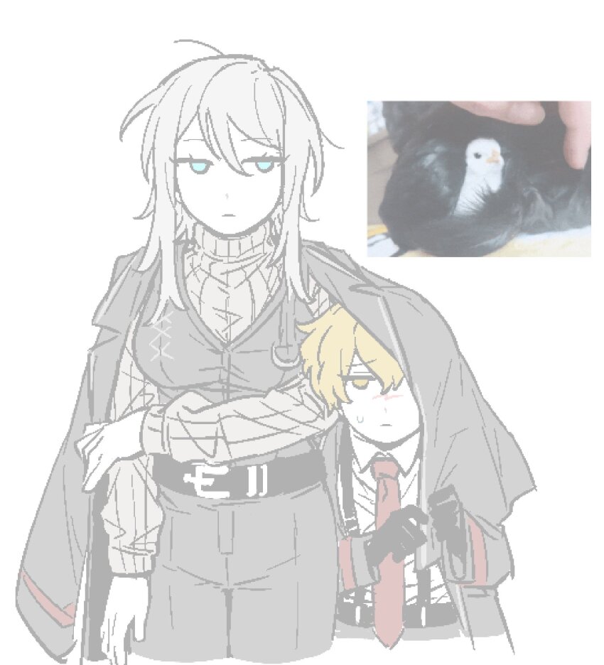 1boy 1girl belt black_belt black_coat black_gloves black_pants black_vest blonde_hair blue_eyes closed_mouth coat coat_on_shoulders collared_shirt cowboy_shot faust_(project_moon) gloves grey_sweater height_difference highres limbus_company looking_to_the_side necktie ohzv pants project_moon red_necktie ribbed_sweater shared_clothes shared_coat shirt short_hair sidelocks sinclair_(project_moon) sweater turtleneck turtleneck_sweater vest white_hair white_shirt yellow_eyes