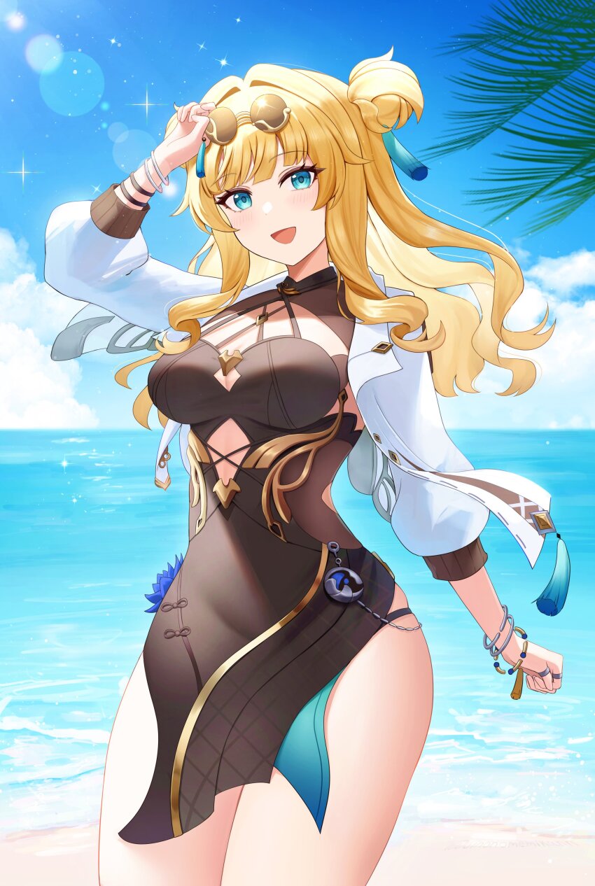 1girl absurdres adjusting_eyewear beach black_dress blonde_hair bracelet breasts clothing_cutout commentary cowboy_shot dress eyewear_on_head hair_ornament highres honkai_(series) honkai_impact_3rd jacket jewelry large_breasts long_hair multiple_bracelets ocean open_mouth pelvic_curtain sinonomemikann smile solo songque songque_(astralop) sunglasses tassel tassel_hair_ornament two_side_up water white_jacket