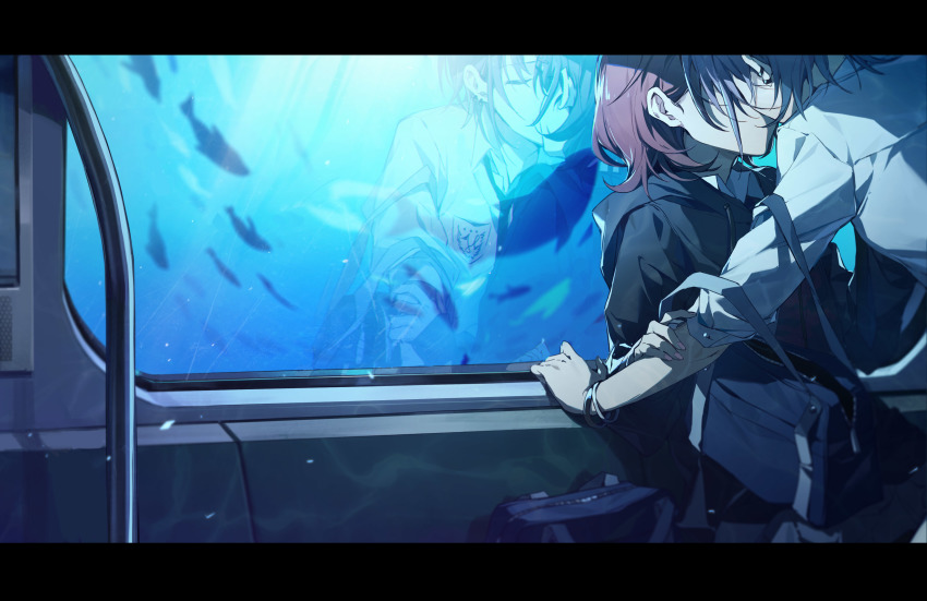 2girls absurdres asakura_toru bag bracelet closed_eyes earrings faceless faceless_female fish hand_on_another&#039;s_arm highres higuchi_madoka idolmaster idolmaster_shiny_colors jewelry kiss letterboxed multiple_girls nail_polish oyo_hitsuji red_hair reflection school_bag school_uniform sitting sunlight train_interior underwater window yuri