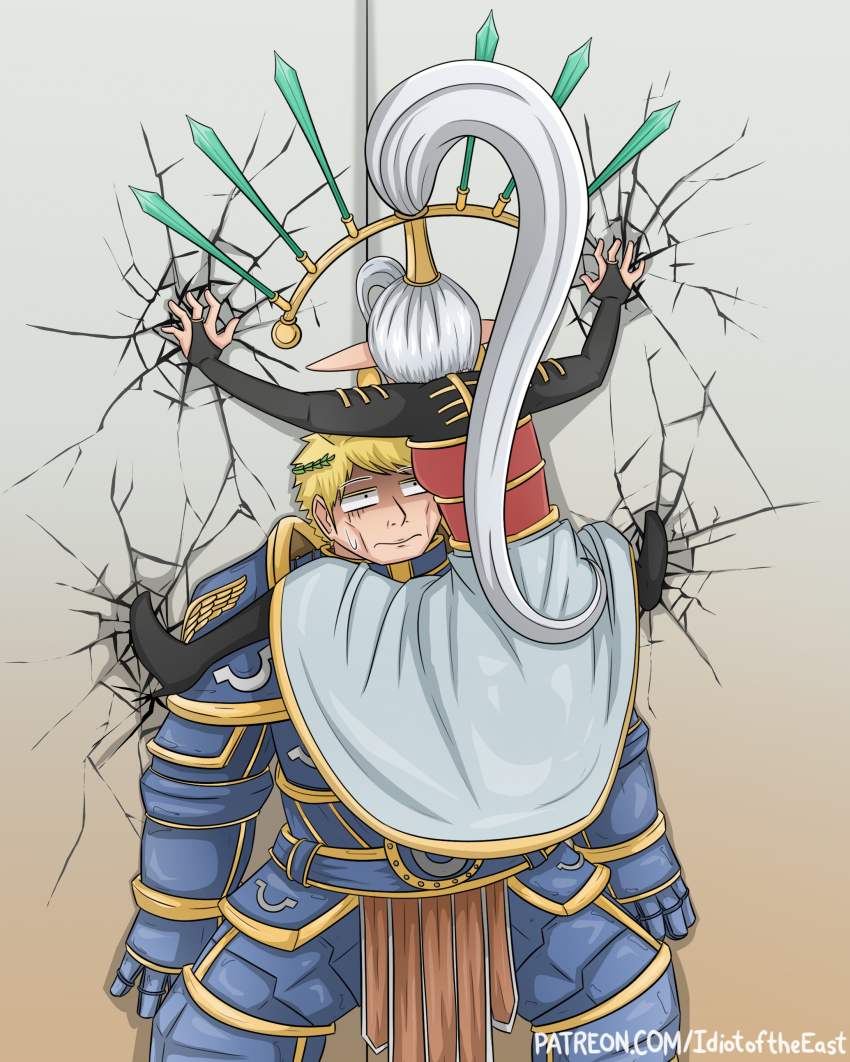 1boy 1girl absurdres against_wall armor blonde_hair bridal_gauntlets cicada_block_(meme) commentary crack cracked_wall eldar english_commentary full_armor high_ponytail highres idiot_of_the_east laurel_crown long_hair long_skirt meme pointy_ears ponytail primarch roboute_guilliman shaded_face skirt sweatdrop very_long_hair warhammer_40k watermark web_address white_hair yvraine