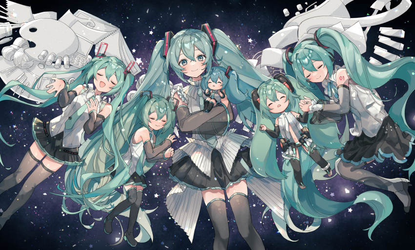6+girls :d absurdres black_footwear black_gloves black_sleeves boots breasts brown_eyes brown_thighhighs chibi closed_eyes closed_mouth collared_shirt commentary detached_sleeves elbow_gloves feet_out_of_frame gloves green_hair green_necktie grey_shirt hair_between_eyes hand_grab hands_up hatsune_miku hatsune_miku_(append) hatsune_miku_(nt) hatsune_miku_(vocaloid3) hatsune_miku_(vocaloid4) hatsune_miku_happy_16th_birthday_-dear_creators- highres long_hair long_sleeves mini_person minigirl multiple_girls navel necktie open_mouth partially_fingerless_gloves piapro_studio sazanami_(ripple1996) see-through_clothes see-through_sleeves shirt sleeveless sleeveless_shirt sleeves_past_wrists small_breasts smile space star_(sky) star_(symbol) thigh_boots thighhighs tie_clip twintails v4x very_long_hair vocaloid vocaloid_append white_shirt wide_sleeves wings