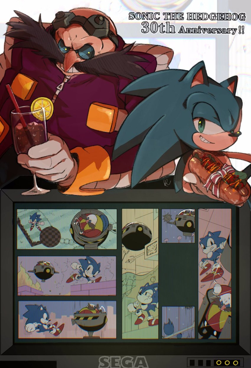 2boys anniversary bald cup dr._eggman facial_hair fat fat_man food goggles green_eyes green_hill_zone grin highres holding holding_cup holding_food hot_dog male_focus misuta710 multiple_boys mustache smile sonic_(series) sonic_the_hedgehog sonic_the_hedgehog_(classic) sonic_the_hedgehog_1 zipper