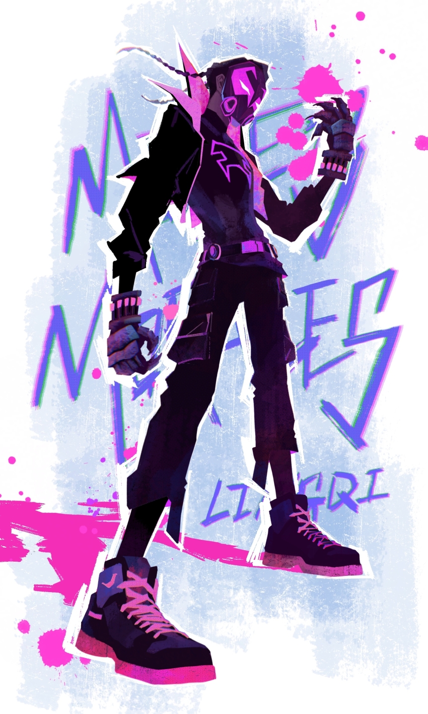1boy absurdres artist_name belt black_hair black_jacket black_pants black_shirt braid character_name claws collared_jacket dark-skinned_male dark_skin full_body gas_mask gloves highres jacket lingqi_(chitai625) long_hair long_sleeves male_focus marvel mask miles_g._morales nike_(company) outline paint_splatter pants popped_collar prowler_(marvel) screentones shirt shoes sneakers solo spider-man:_across_the_spider-verse spider-man_(series) spider-verse spoilers standing turtleneck twin_braids white_outline zipper_pull_tab