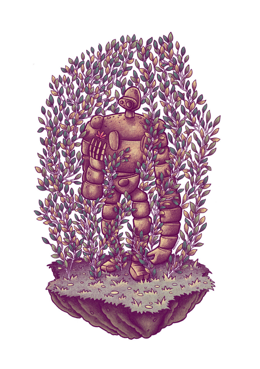 commentary english_commentary feathers flower full_body grass highres laputa_robot long_arms no_humans robot simple_background solo syntetyc tenkuu_no_shiro_laputa white_background