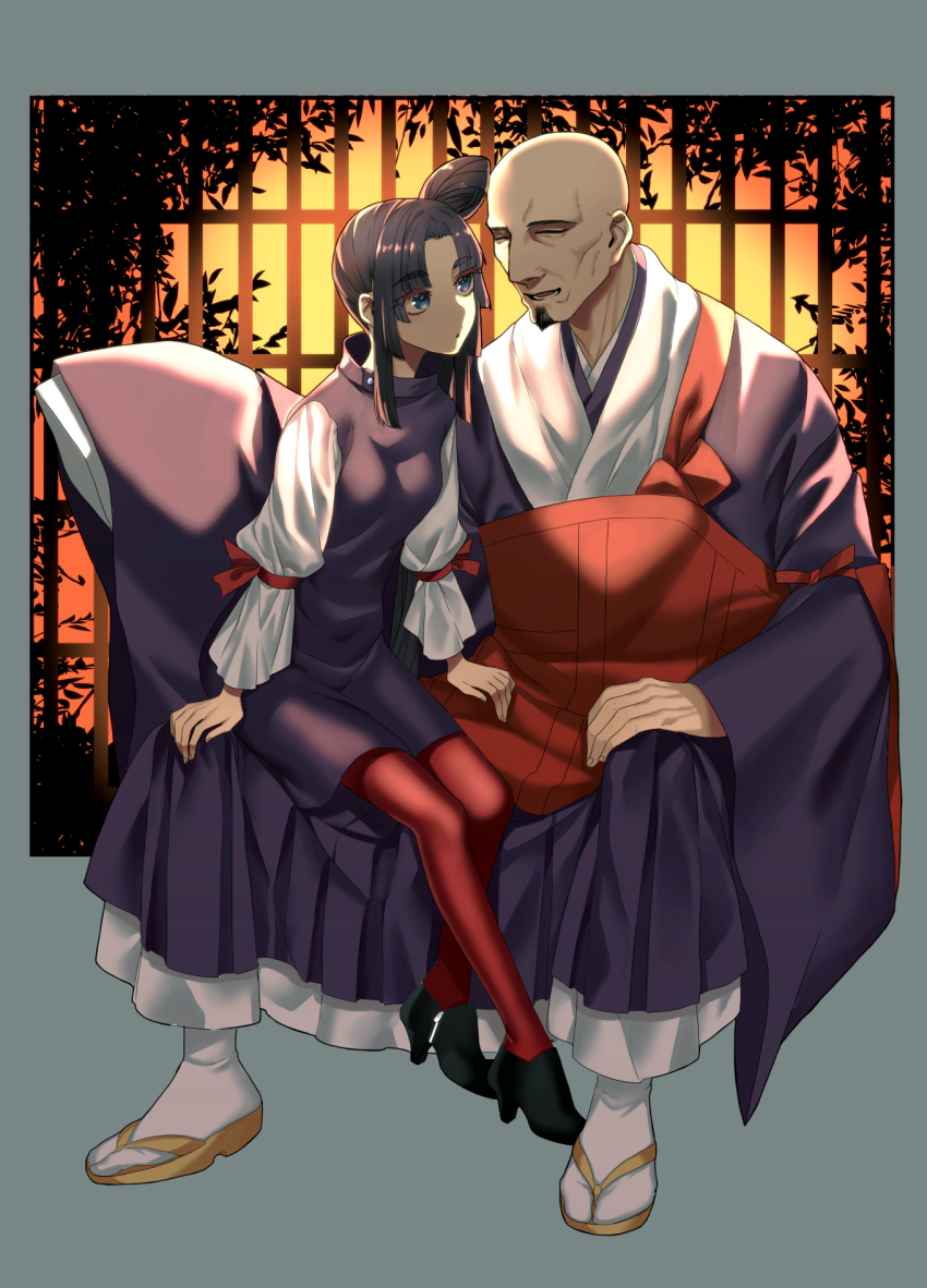 1girl ankle_boots bad_id bad_pixiv_id bald black_hair boots breasts closed_eyes facial_hair fate/grand_order fate_(series) goatee high_heel_boots high_heels highres japanese_clothes musashibou_benkei_(fate) pantyhose purple_eyes red_pantyhose rokkotsu side_ponytail sitting sitting_on_lap sitting_on_person small_breasts thick_eyebrows ushiwakamaru_(fate)