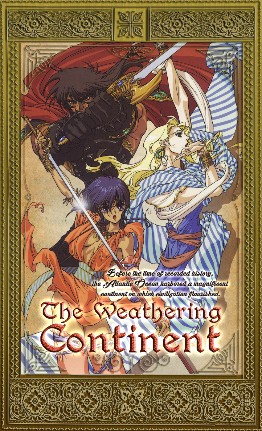 1990s_(style) 1girl 2boys armor bare_shoulders blonde_hair boice breasts cleavage earrings highres inomata_mutsumi jewelry kaze_no_tairiku lakshi legs multiple_boys ornament retro_artstyle robe sideboob small_breasts sword tieh tomboy weapon yuuki_nobuteru