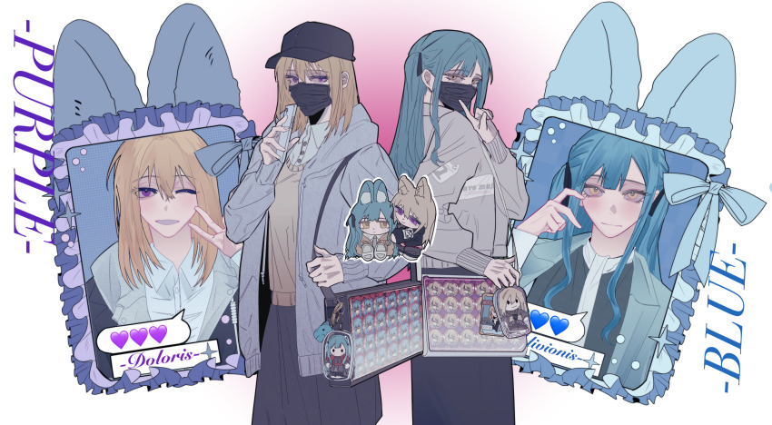 2girls absurdres bag_charm bang_dream! bang_dream!_it&#039;s_mygo!!!!! baseball_cap black_hat black_mask black_skirt blonde_hair blue_hair brown_sweater_vest cellphone charm_(object) chinese_commentary commentary_request grey_jacket hat highres holding holding_phone hood hood_down hooded_jacket itabag jacket jian1017 long_hair looking_at_viewer mask medium_hair misumi_uika mouth_mask multiple_girls open_clothes open_jacket otaku phone purple_eyes sidelocks simple_background skirt smartphone sweater_vest togawa_sakiko two_side_up white_background yellow_eyes