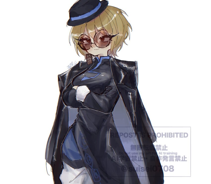 1girl black_coat black_dress black_gloves black_hat blonde_hair bracelet breasts china_dress chinese_clothes coat coat_on_shoulders commentary_request crossed_arms don_quixote_(project_moon) dress earrings cinq_east_(identity)_(project_moon) gloves hat jewelry large_breasts limbus_company long_sleeves partially_opaque_sunglasses project_moon round_eyewear short_hair simple_background single_earring single_glove smile solo suisei0708 sunglasses tilted_headwear tilted_headwear white_background yellow_eyes