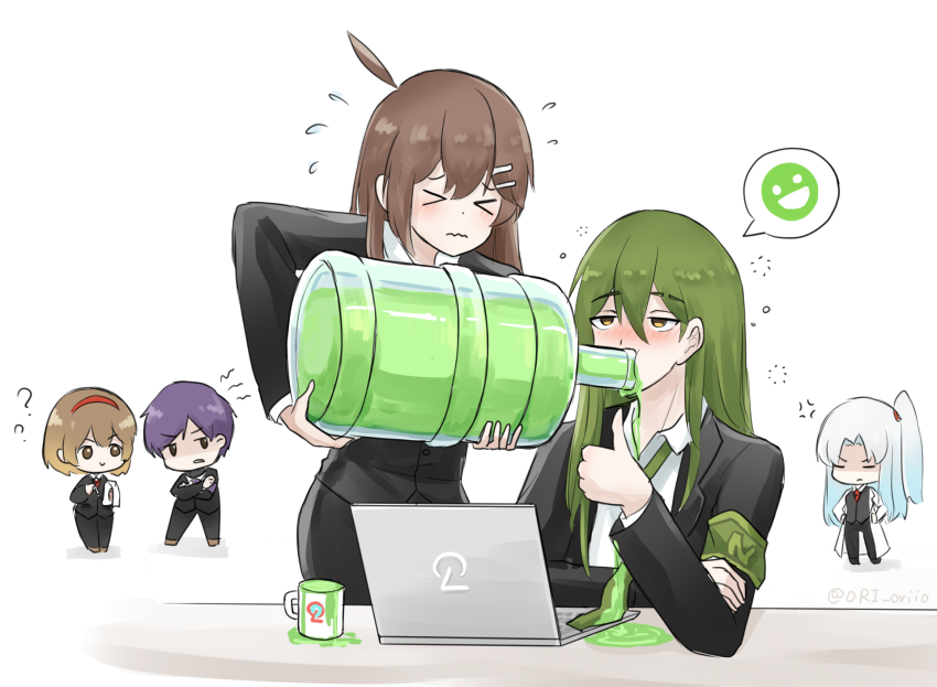 &gt;:) &gt;_&lt; 2boys 3girls ? ahoge angela_(project_moon) anger_vein armband black_jacket black_pants black_suit blue_hair chibi coat computer cup drinking drunk enkephalin_(project_moon) formal_clothes green_armband green_hair highres hod_(project_moon) jacket laptop lobotomy_corporation long_hair malkuth_(project_moon) mug multiple_boys multiple_girls netzach_(project_moon) object_request one_side_up ori_oriio pants project_moon smile suit thumbs_up v-shaped_eyebrows wavy_mouth white_coat yesod_(project_moon)