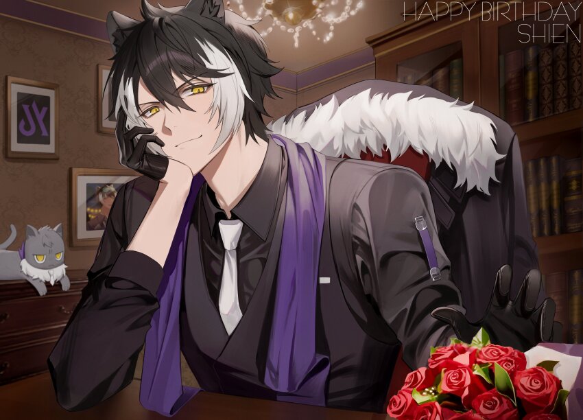 &gt;:) 1boy absurdres animal_ears black_coat black_gloves black_hair black_shirt black_vest bookshelf bouquet cat chandelier chap_yun character_name coat collared_shirt drawer drawing_(object) flower fur-trimmed_coat fur_trim gloves grey_cat hair_between_eyes half_gloves hand_on_own_cheek hand_on_own_face happy_birthday head_rest highres holostars indoors jackal_boy jackal_ears kageyama_shien looking_at_viewer male_focus multicolored_hair necktie nekoyama_shien red_flower red_rose rose shirt short_hair smile solo stole table two-tone_hair unworn_coat upper_body v-shaped_eyebrows vest virtual_youtuber wallpaper_(object) white_hair white_necktie yellow_eyes